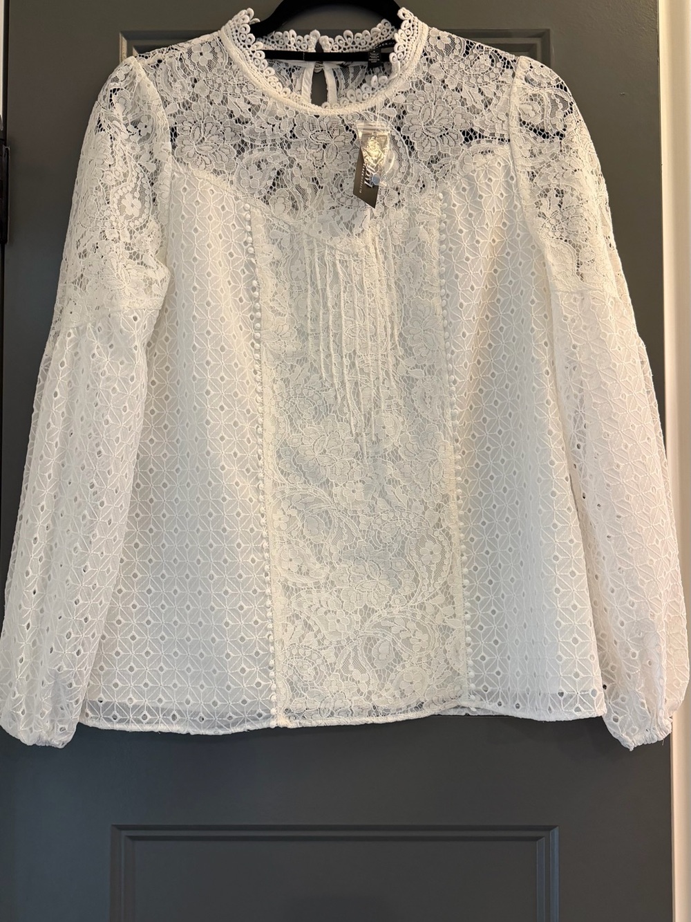 White House Black Market White Lace Eyelet Pintuck Blouse